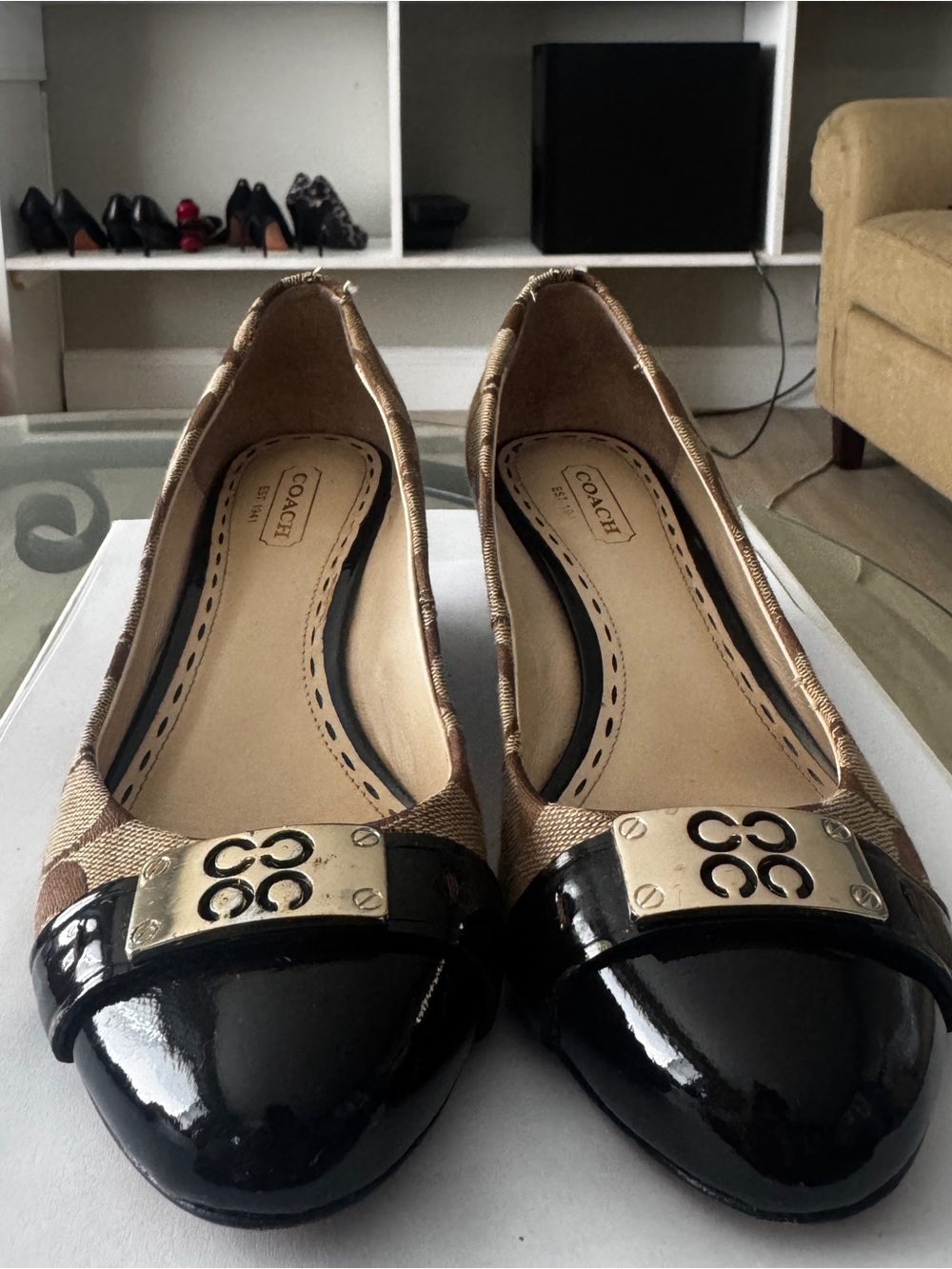 Coach Brown Signature Canvas Flats with Black Patent Cap Toe